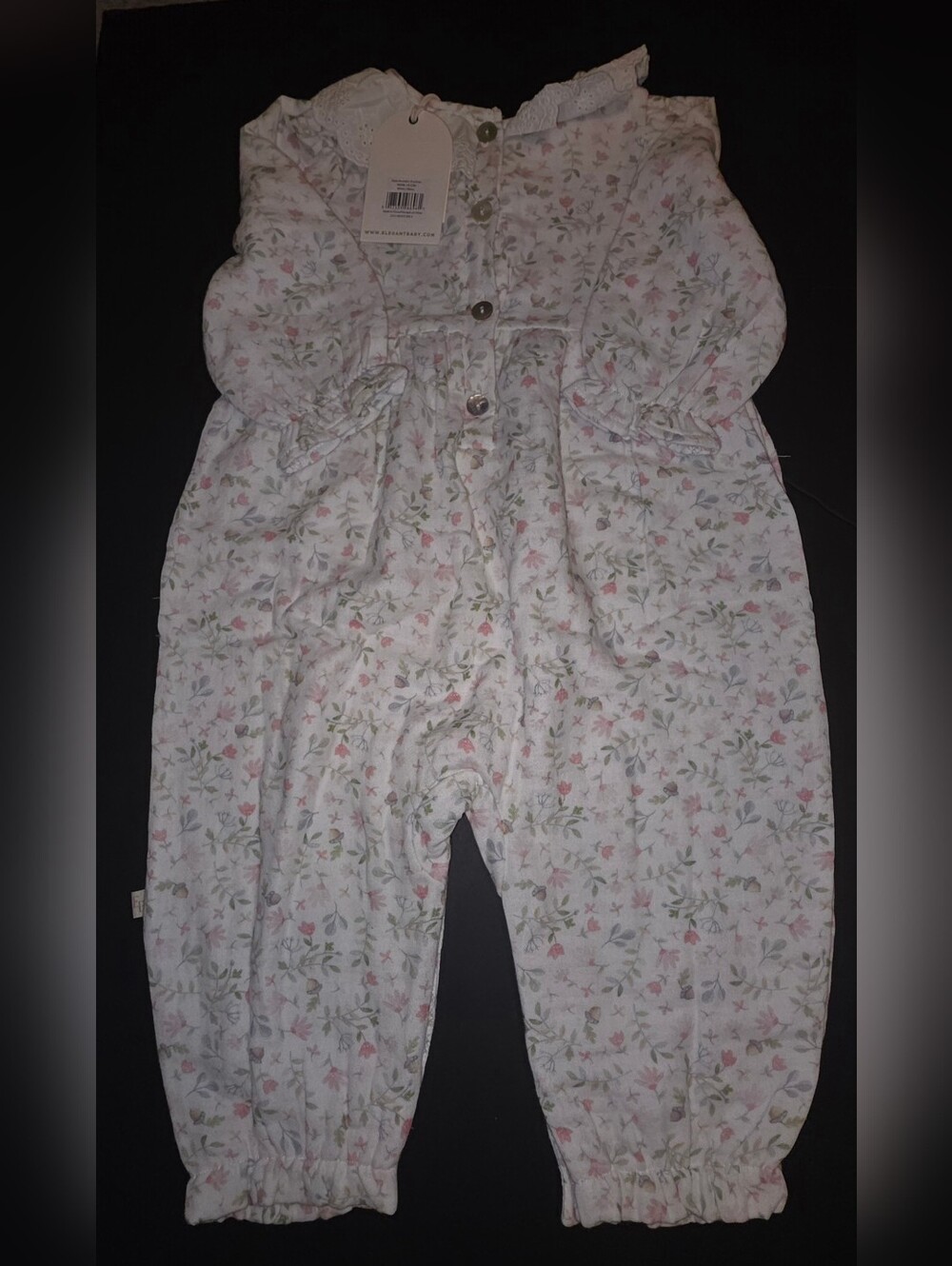Elegant Baby Delicate Floral Ruffle Collar Baby Romper - White with Pink & Green - Picture 10 of 12